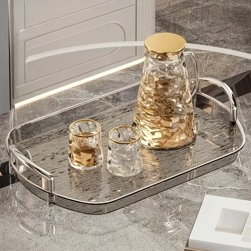 Water Ripple Double-Ear Tray: PET One-Piece Molded, Smooth & Easy to Clean, Gold/Silver Edge Thickened Double Ears, Small Size, Light Luxury & Multi-Purpose Storage/Phnom Penh (amber gold) - Image 7
