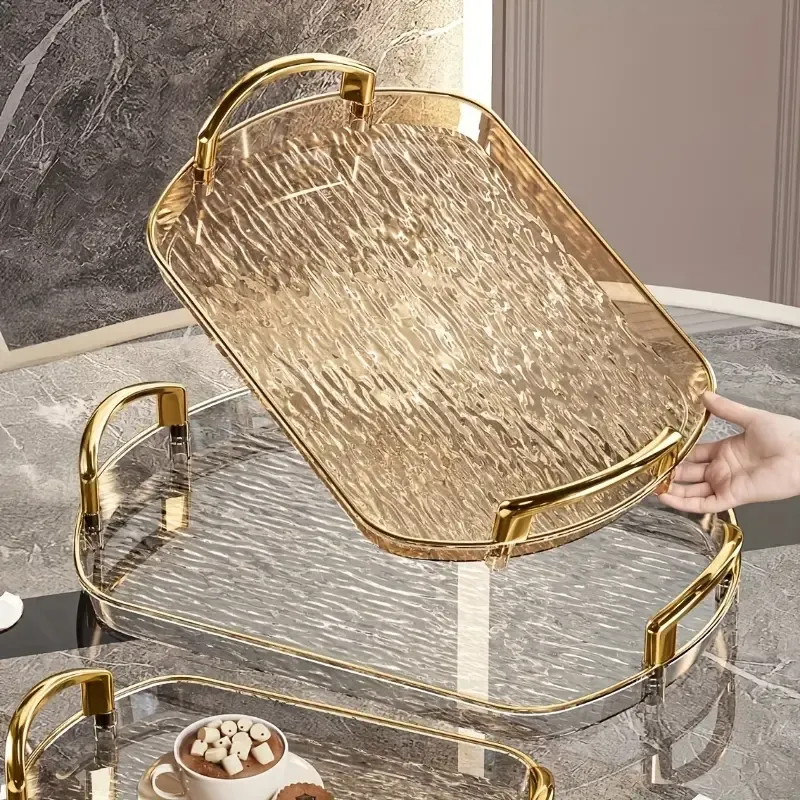 Water Ripple Double-Ear Tray: PET One-Piece Molded, Smooth & Easy to Clean, Gold/Silver Edge Thickened Double Ears, Small Size, Light Luxury & Multi-Purpose Storage/Phnom Penh (amber gold) - Image 8