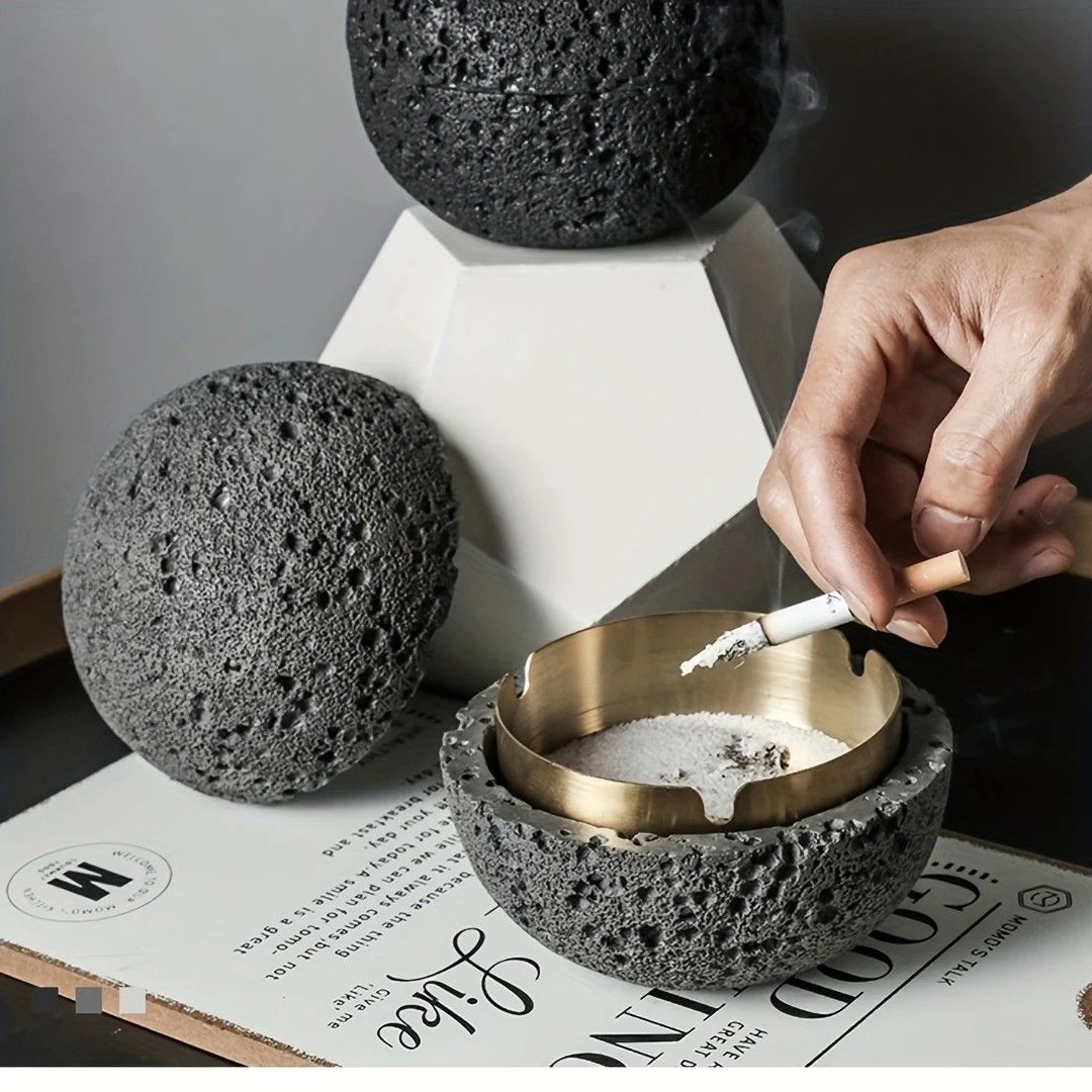 Nordic industrial style concrete ashtray, handcrafted with natural texture, detachable stainless steel bowl with anti-ash lid — easy to clean, durable, suitable for living rooms, bars, offices, ideal gift for Father’s Day, Christmas, housewarming.（Rock wh - Image 4