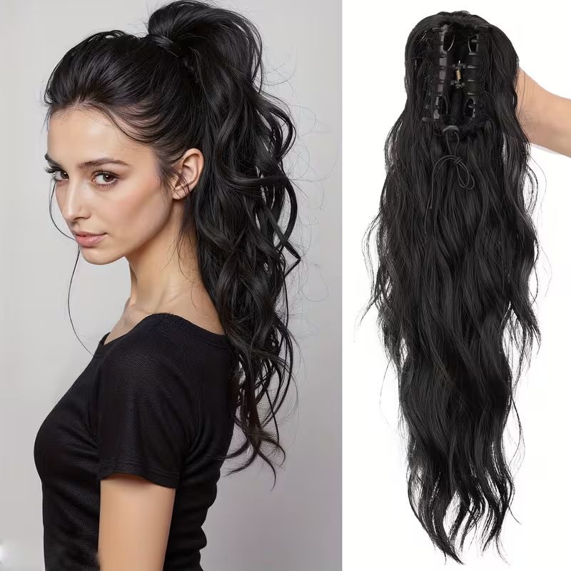 Water wave curly hair clip-in ponytail wig, made of high-heat-resistant synthetic material. Perfect for daily wear to add volume, ideal for holiday celebrations and Halloween parties.(BLACK) - Image 1