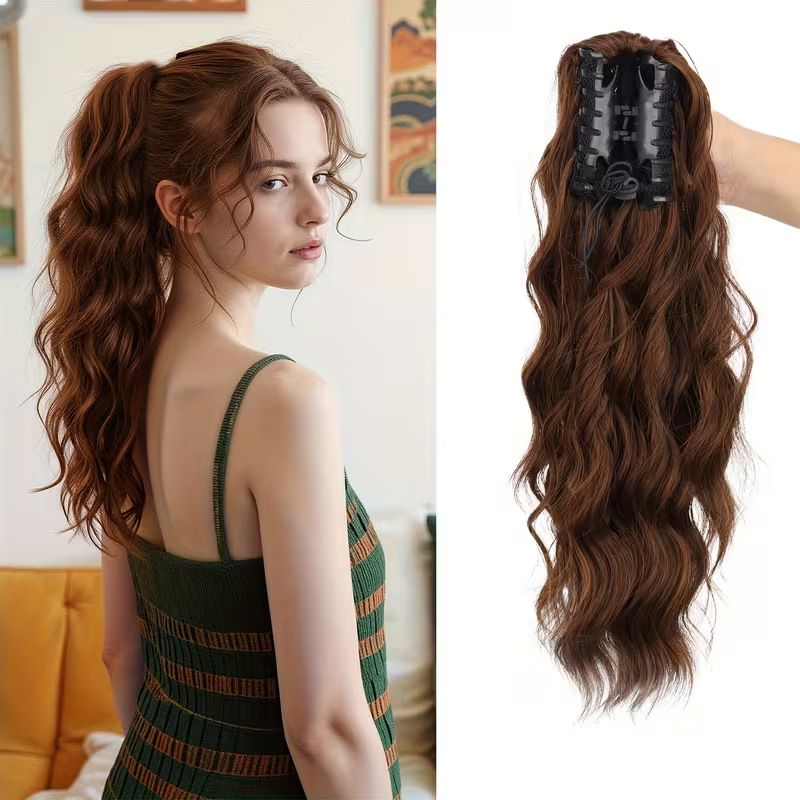 Water wave curly hair clip-in ponytail wig, made of high-heat-resistant synthetic material. Perfect for daily wear to add volume, ideal for holiday celebrations and Halloween parties.(BLACK) - Image 2
