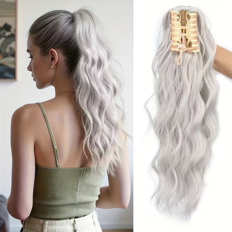 Water wave curly hair clip-in ponytail wig, made of high-heat-resistant synthetic material. Perfect for daily wear to add volume, ideal for holiday celebrations and Halloween parties.(BLACK) - Image 6