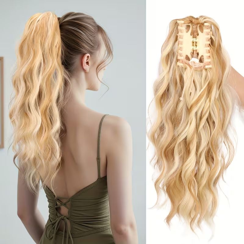 Water wave curly hair clip-in ponytail wig, made of high-heat-resistant synthetic material. Perfect for daily wear to add volume, ideal for holiday celebrations and Halloween parties.（Dark brown） - Image 4