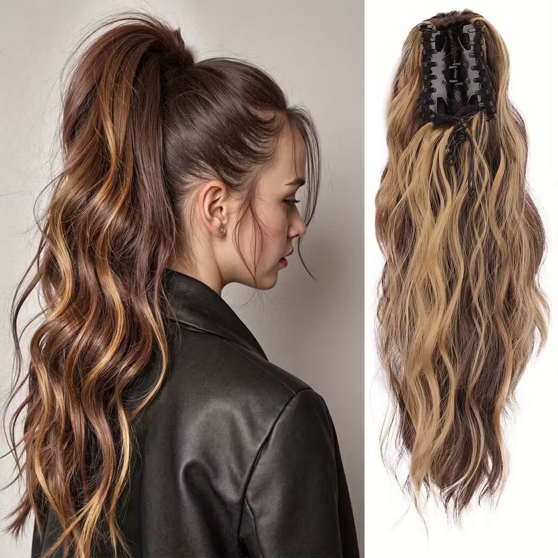 Water wave curly hair clip-in ponytail wig, made of high-heat-resistant synthetic material. Perfect for daily wear to add volume, ideal for holiday celebrations and Halloween parties.（Dark brown） - Image 5