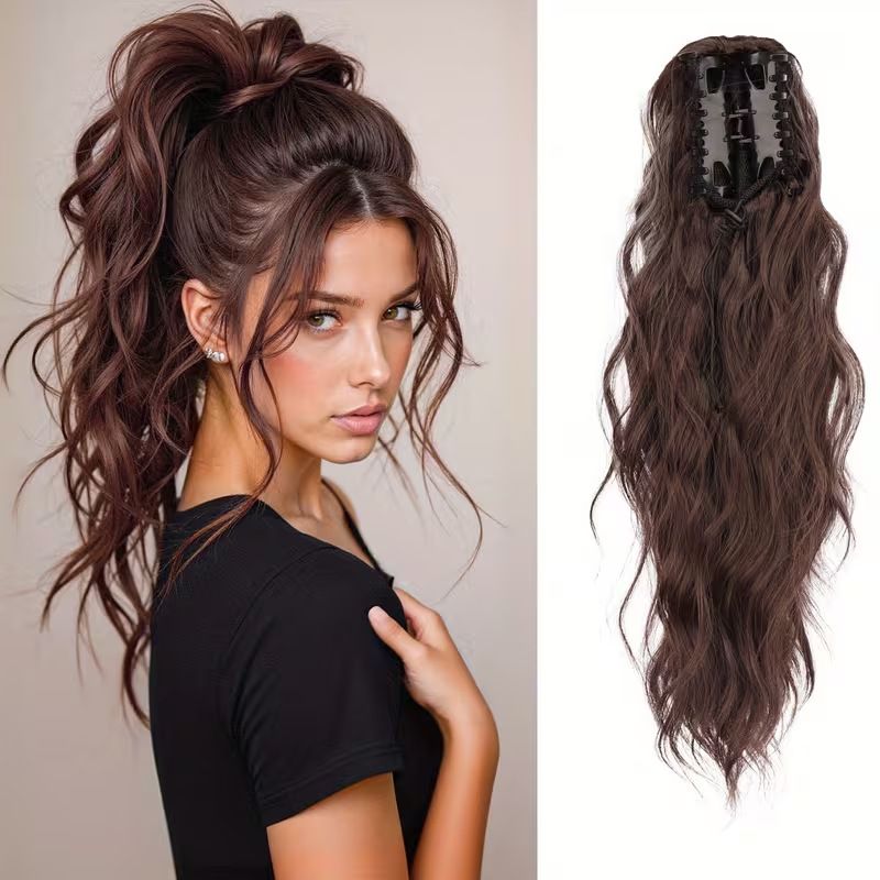 Water wave curly hair clip-in ponytail wig, made of high-heat-resistant synthetic material. Perfect for daily wear to add volume, ideal for holiday celebrations and Halloween parties.（Milk ash） - Image 4