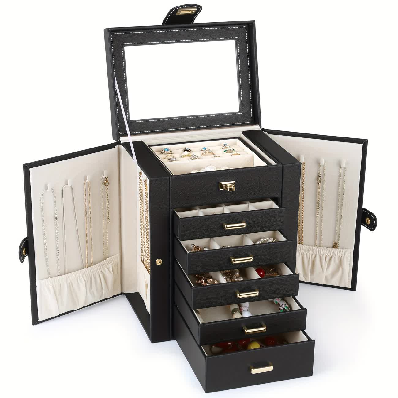 Women's Multi-functional Jewelry Box: Built-in Mirror, Multi-layer Drawer Storage, Side Hooks to Prevent Tangling and Protect Accessories.black - Image 1