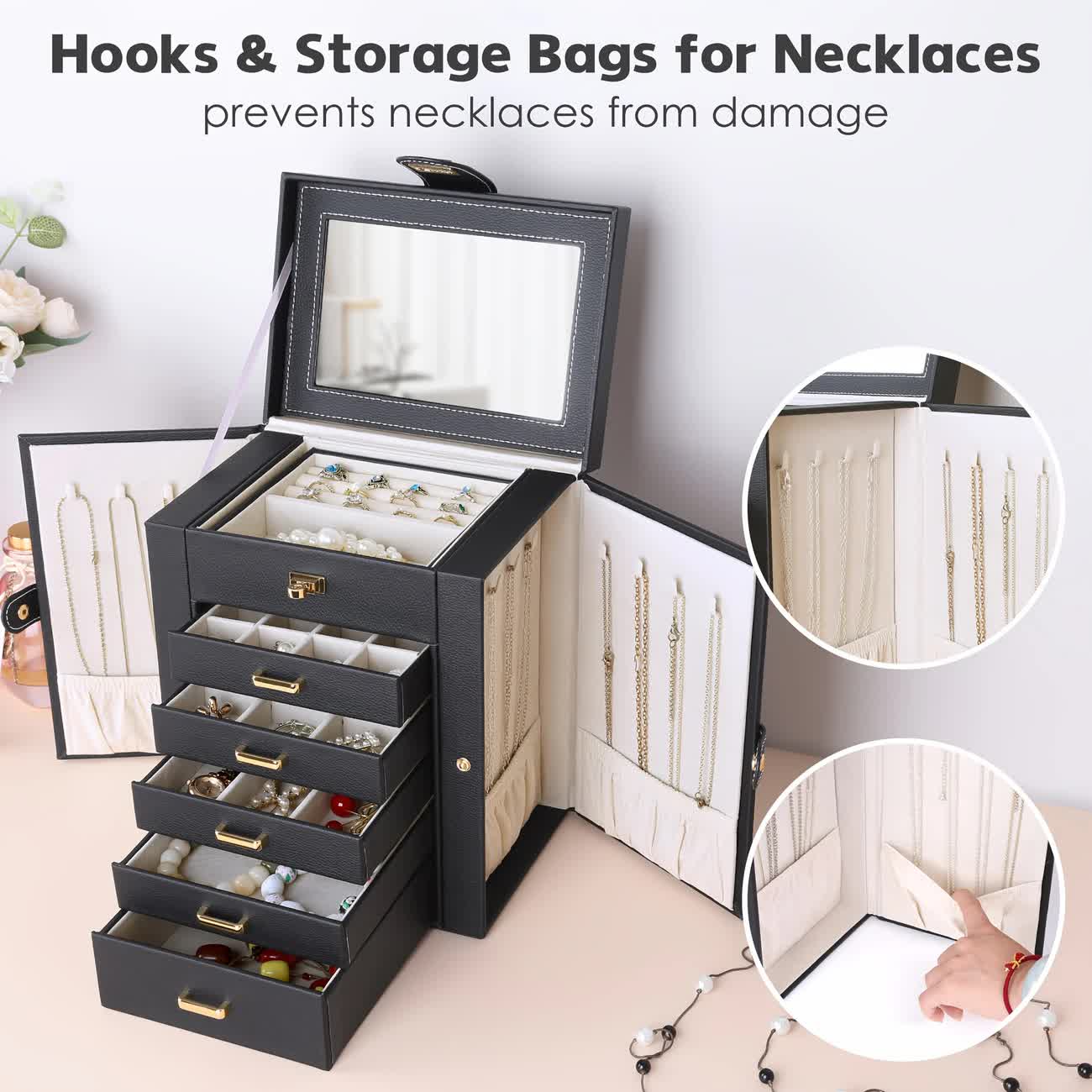 Women's Multi-functional Jewelry Box: Built-in Mirror, Multi-layer Drawer Storage, Side Hooks to Prevent Tangling and Protect Accessories.black - Image 2