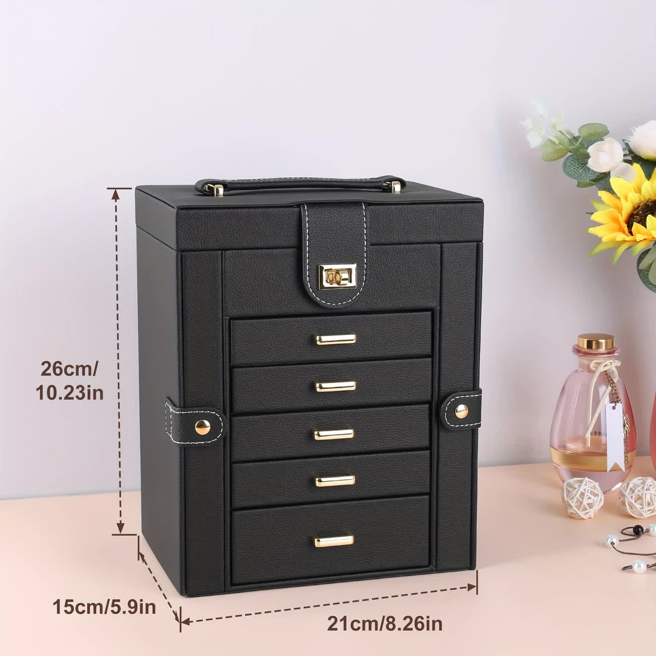 Women's Multi-functional Jewelry Box: Built-in Mirror, Multi-layer Drawer Storage, Side Hooks to Prevent Tangling and Protect Accessories.black - Image 8