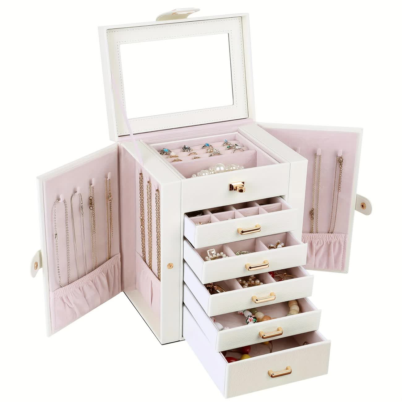 Women's Multi-functional Jewelry Box: Built-in Mirror, Multi-layer Drawer Storage, Side Hooks to Prevent Tangling and Protect Accessories.White - Image 1