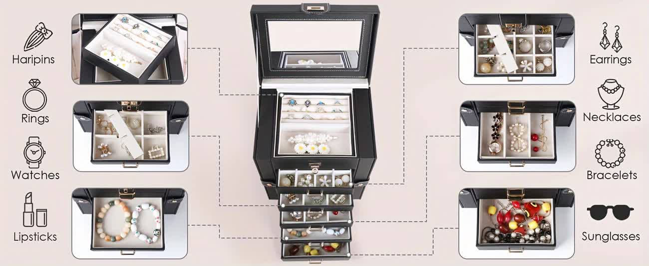 Women's Multi-functional Jewelry Box: Built-in Mirror, Multi-layer Drawer Storage, Side Hooks to Prevent Tangling and Protect Accessories.White - Image 3