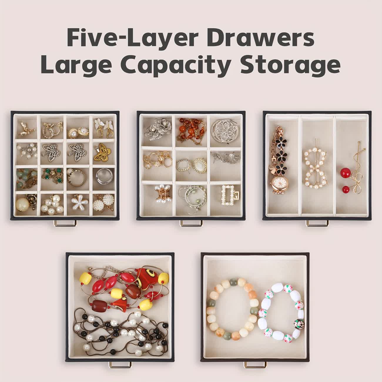 Women's Multi-functional Jewelry Box: Built-in Mirror, Multi-layer Drawer Storage, Side Hooks to Prevent Tangling and Protect Accessories.White - Image 4