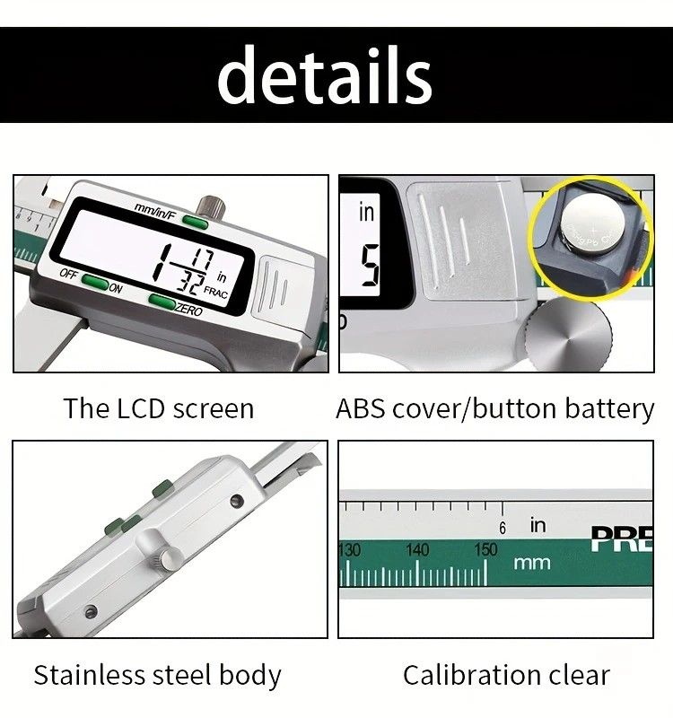 Stainless Steel Digital Caliper 150mm 6 Inch LCD Three Mode Metric Imperial Fractional One Touch Switch with Protective Case for Machinery DIY Precise Measurement - Image 2