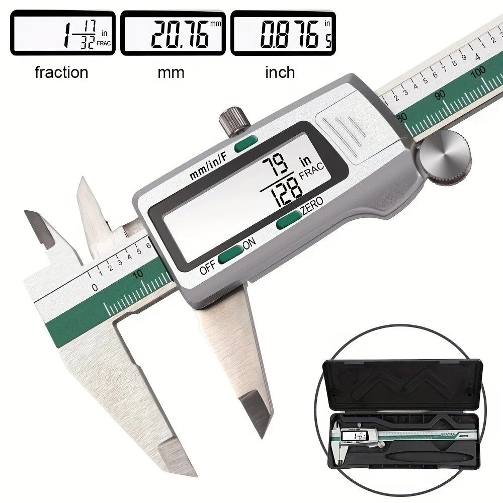 Stainless Steel Digital Caliper 150mm 6 Inch LCD Three Mode Metric Imperial Fractional One Touch Switch with Protective Case for Machinery DIY Precise Measurement - Image 4