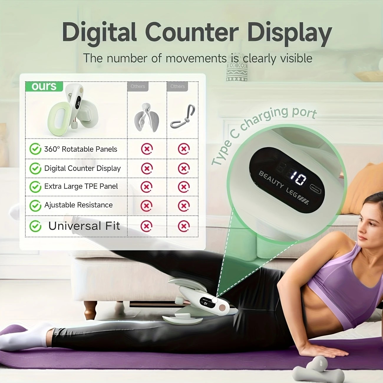 Smart Counting Buttocks and Leg Trainer. Adjustable resistance for precise activation of glute and inner thigh muscles. Features anti-slip design—your essential home fitness tool for body shaping, effortlessly tracking workout repetitions.（GREY) - Image 7