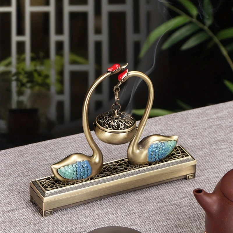 Swan Lake Double-Layer Incense Burner, Dual-Purpose Design, Deep Blue-Gold Swan, Auspicious Tea & Study Decoration - Image 4