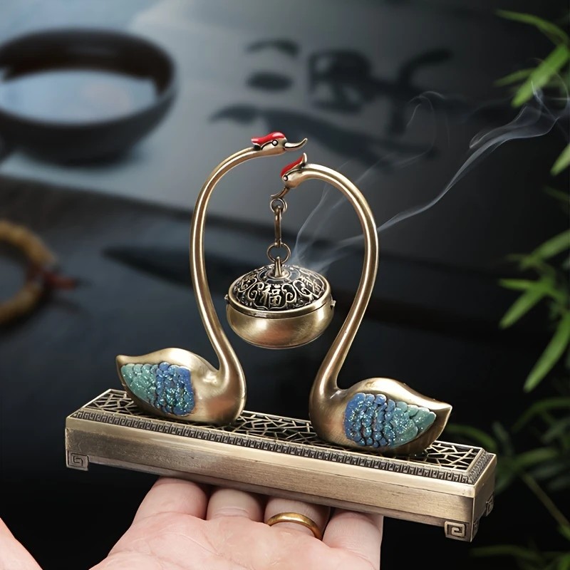 Swan Lake Double-Layer Incense Burner, Dual-Purpose Design, Deep Blue-Gold Swan, Auspicious Tea & Study Decoration - Image 5
