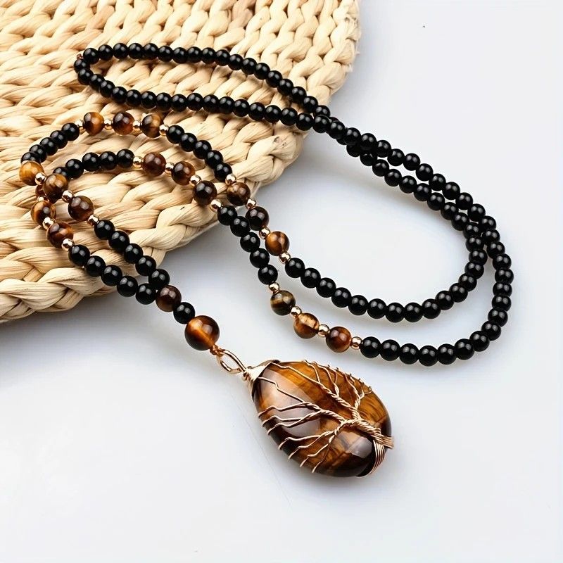 Natural Tiger’s Eye Hand-Coiled Tree of Life Pendant Necklace—Golden Light Guarding, Spiritual Companion - Image 1