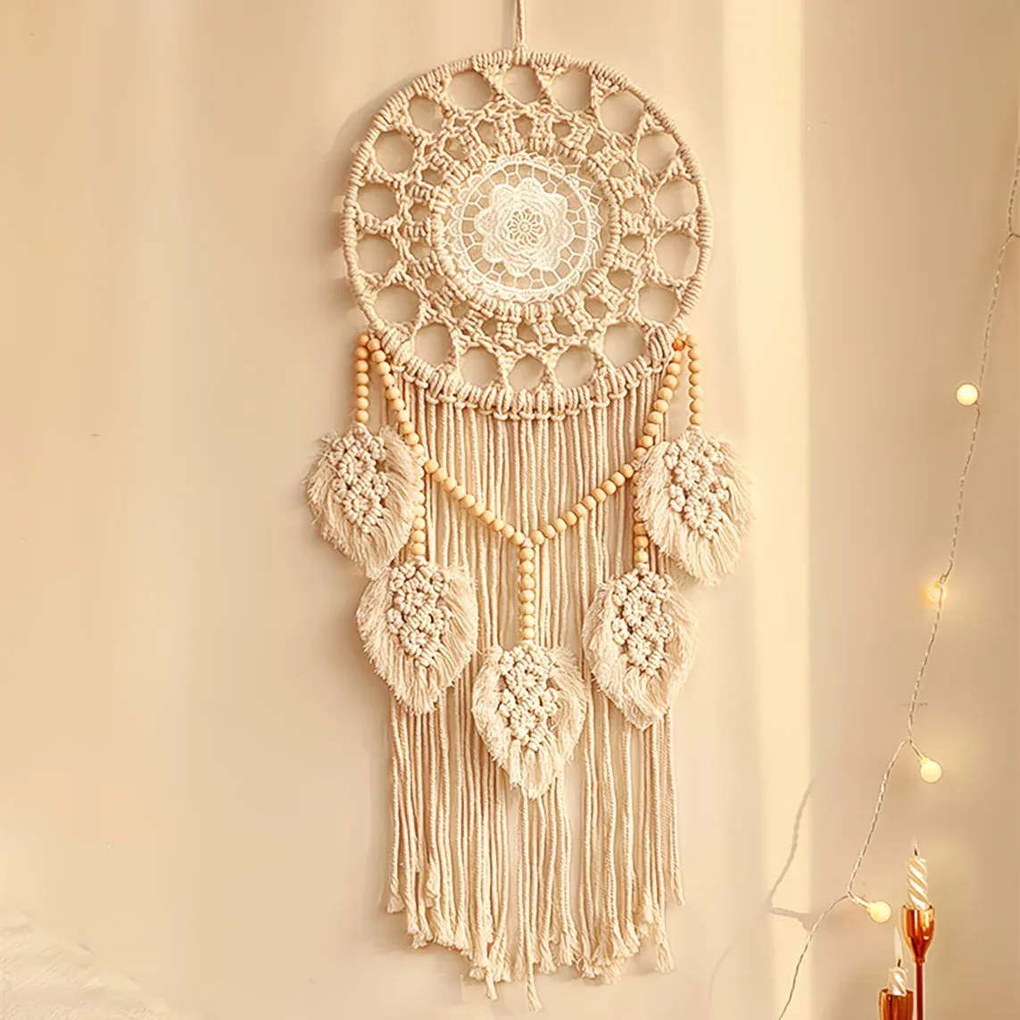 Bohemian Handwoven Wooden Bead Leaf Round Tapestry: Cotton Lace Hollow Tassel, Natural Healing Wall Decoration/sandy beige - Image 1