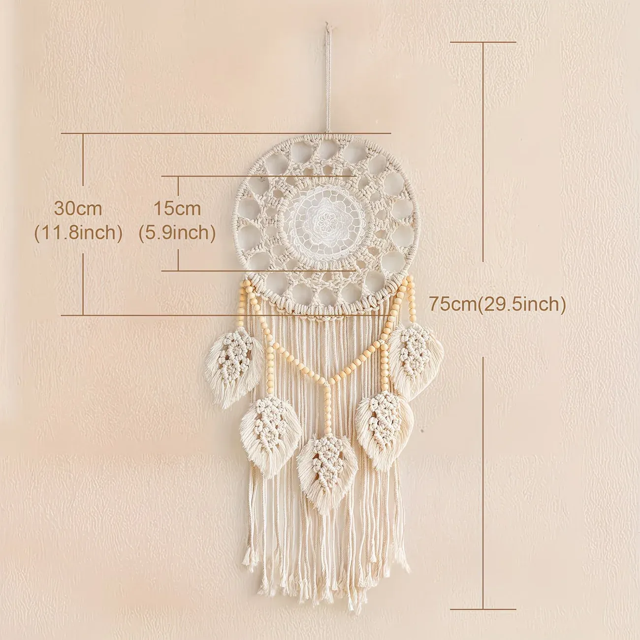 Bohemian Handwoven Wooden Bead Leaf Round Tapestry: Cotton Lace Hollow Tassel, Natural Healing Wall Decoration/sandy beige - Image 2