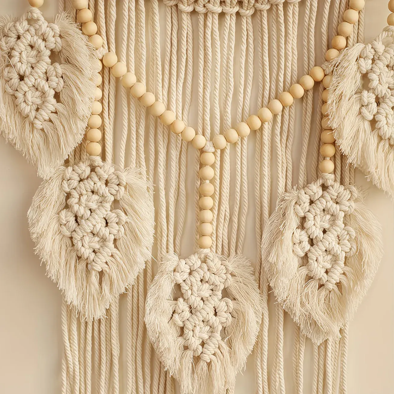 Bohemian Handwoven Wooden Bead Leaf Round Tapestry: Cotton Lace Hollow Tassel, Natural Healing Wall Decoration/sandy beige - Image 3