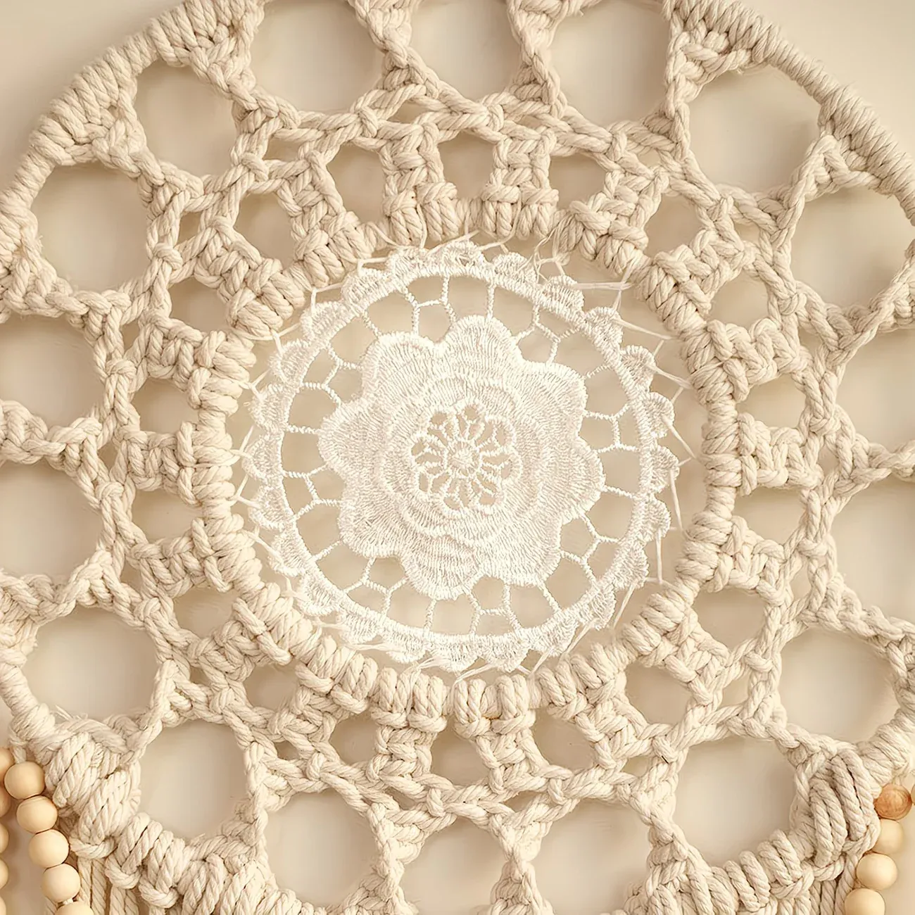 Bohemian Handwoven Wooden Bead Leaf Round Tapestry: Cotton Lace Hollow Tassel, Natural Healing Wall Decoration/sandy beige - Image 4
