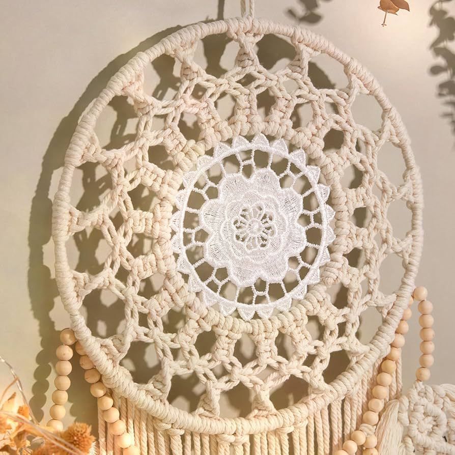 Bohemian Handwoven Wooden Bead Leaf Round Tapestry: Cotton Lace Hollow Tassel, Natural Healing Wall Decoration/sandy beige - Image 5