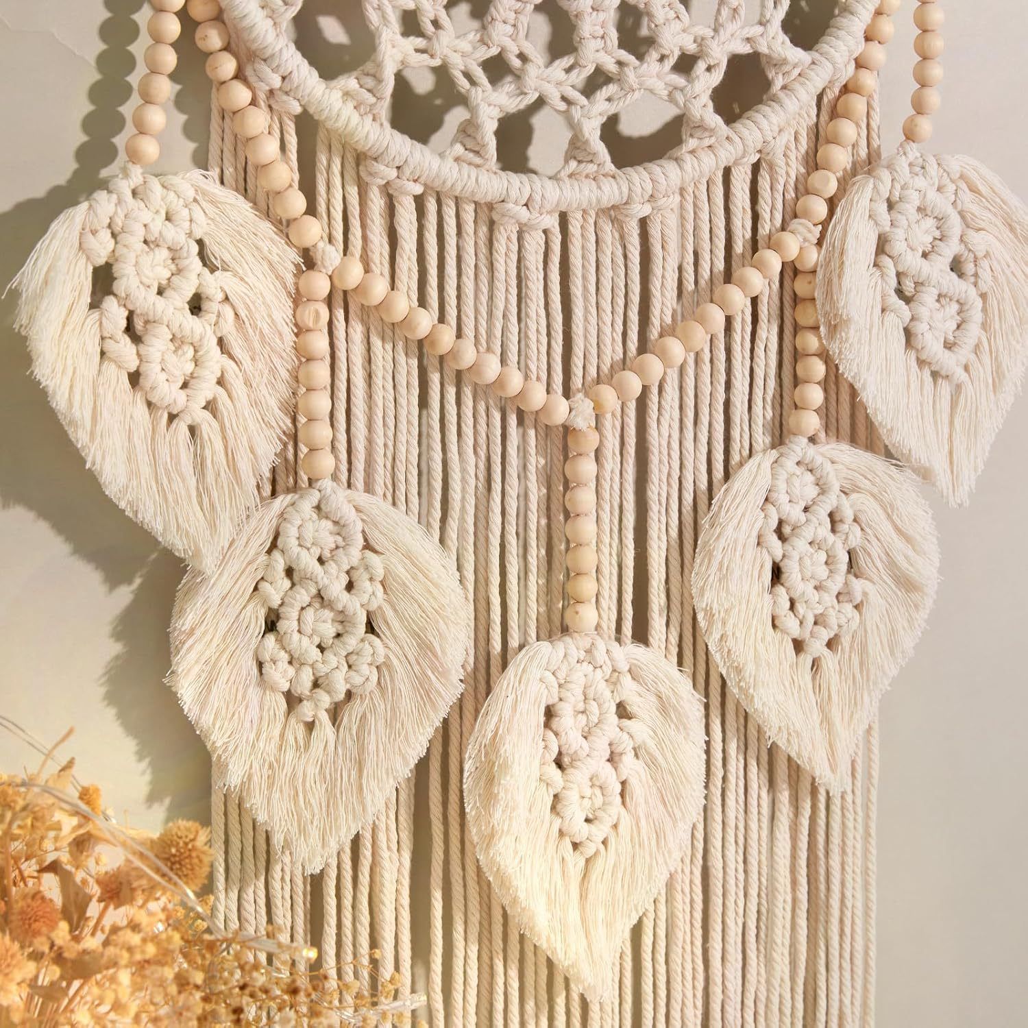 Bohemian Handwoven Wooden Bead Leaf Round Tapestry: Cotton Lace Hollow Tassel, Natural Healing Wall Decoration/sandy beige - Image 6