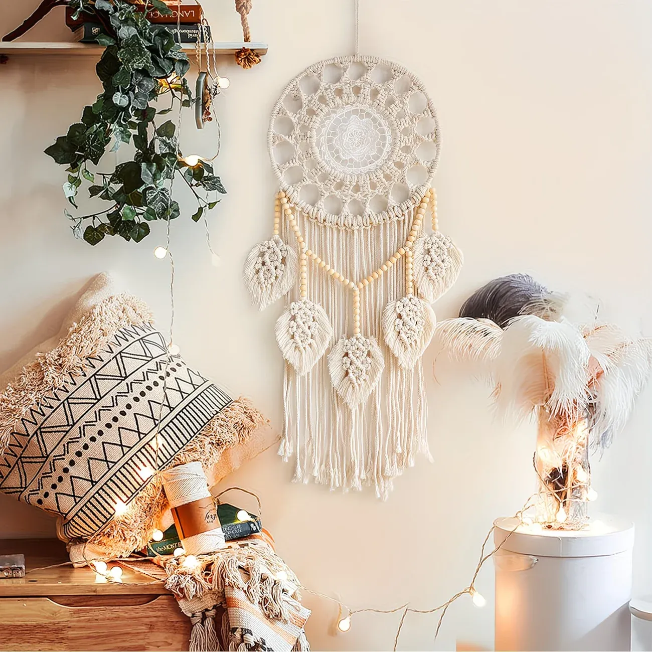 Bohemian Handwoven Wooden Bead Leaf Round Tapestry: Cotton Lace Hollow Tassel, Natural Healing Wall Decoration/sandy beige - Image 8
