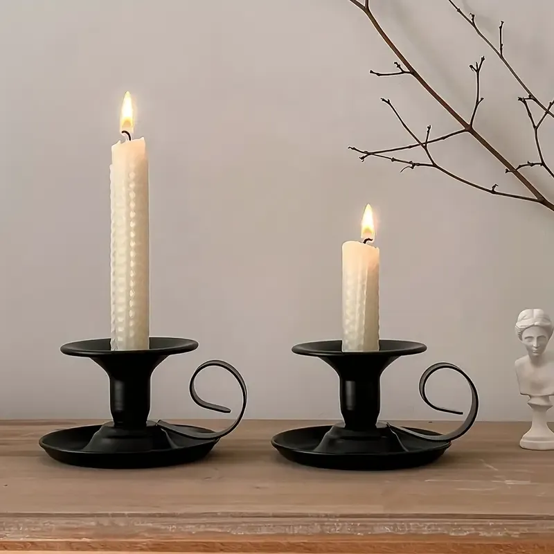 2PCS Handmade Iron Art Vintage Candle Holders, Matte Texture Lights Up Romantic Moments (BLACK) - Image 3