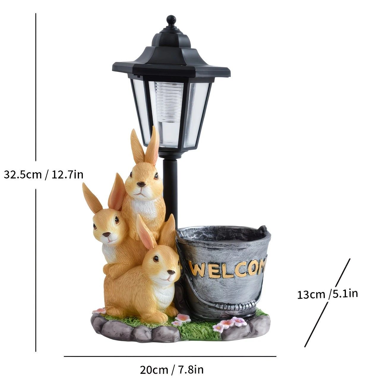 Solar Simulation Rabbit Ornament, charges by day and lights up automatically at night, three rabbits cluster around a street lamp with 