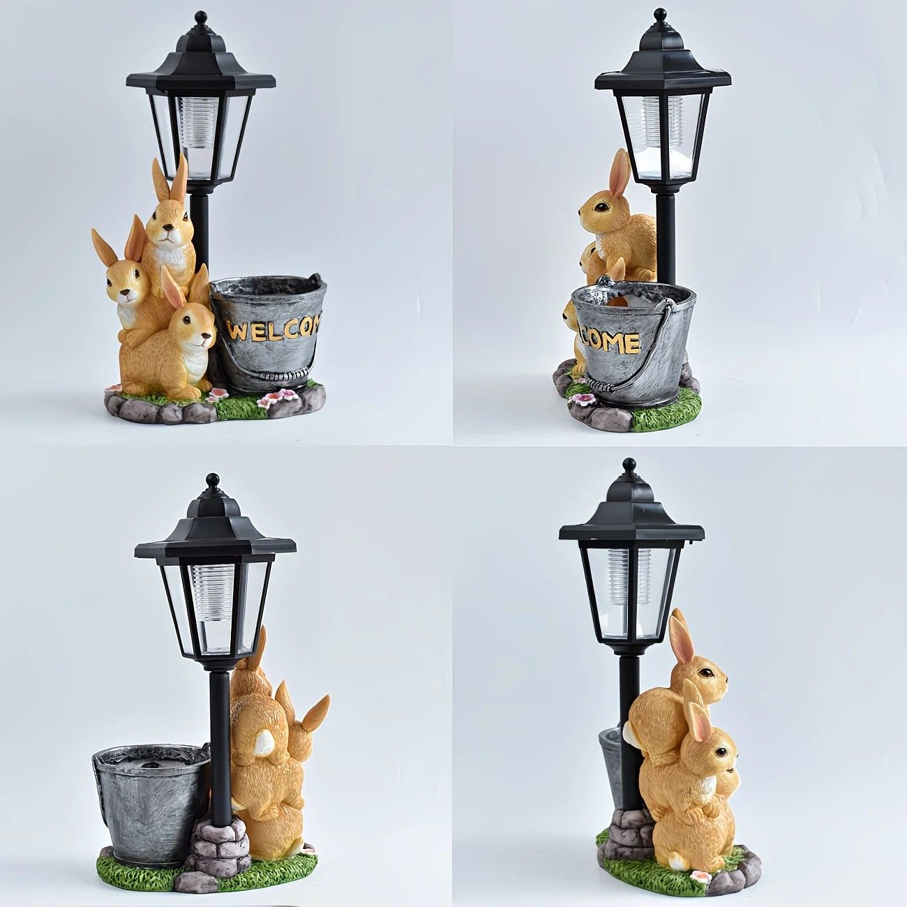 Solar Simulation Rabbit Ornament, charges by day and lights up automatically at night, three rabbits cluster around a street lamp with 
