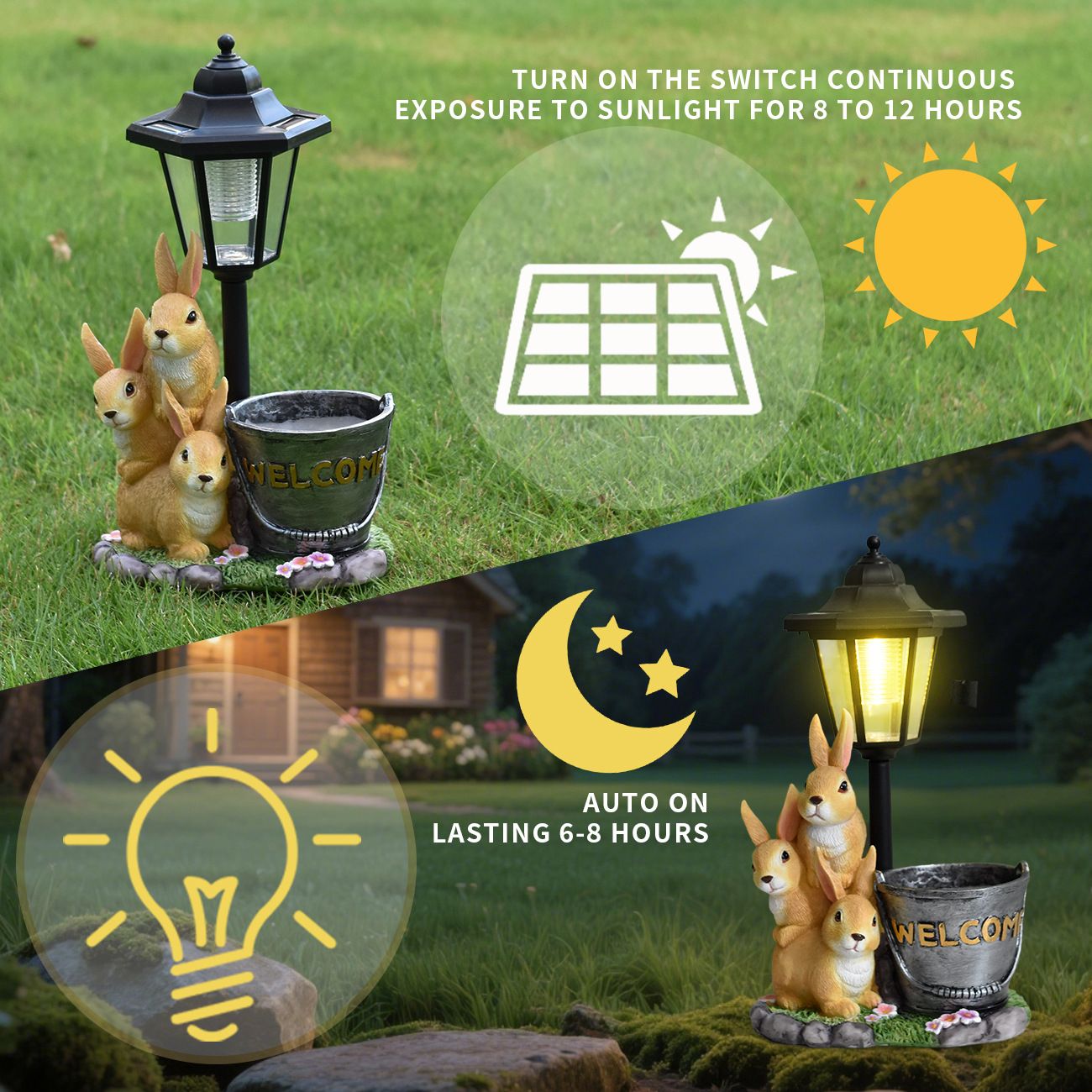 Solar Simulation Rabbit Ornament, charges by day and lights up automatically at night, three rabbits cluster around a street lamp with 