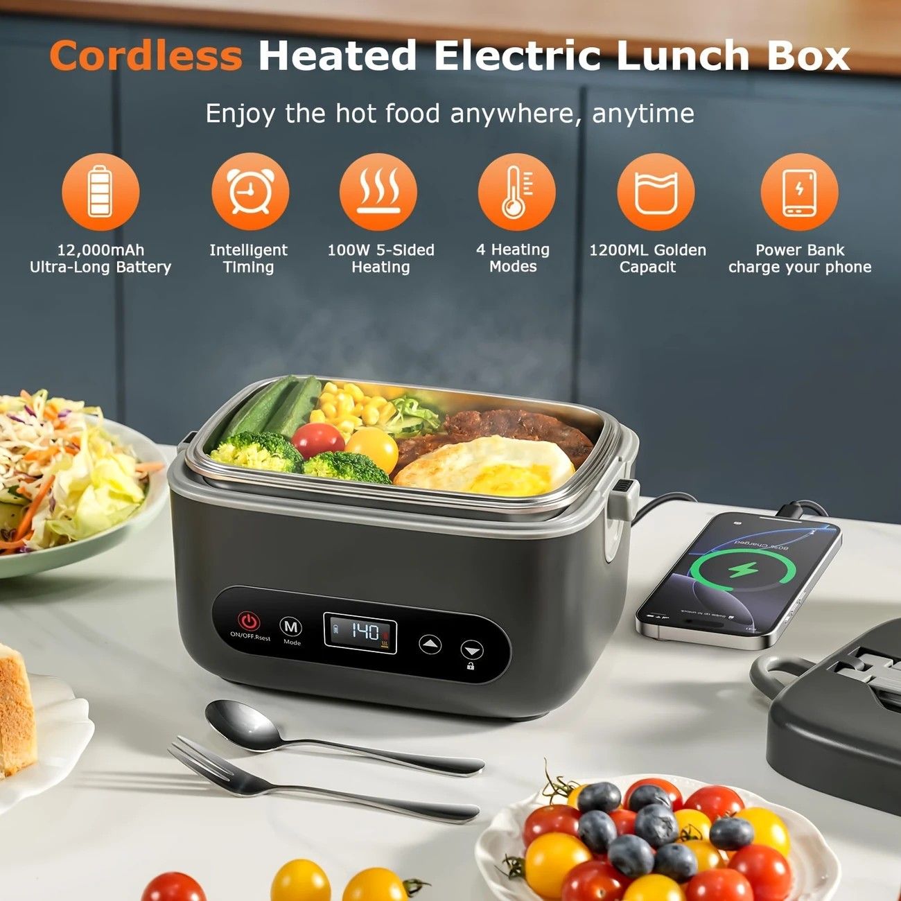 1.2L Electric Lunch Box 12000mAh Portable Food Warmer 5-Sided Heat Auto Temp AU - Image 2