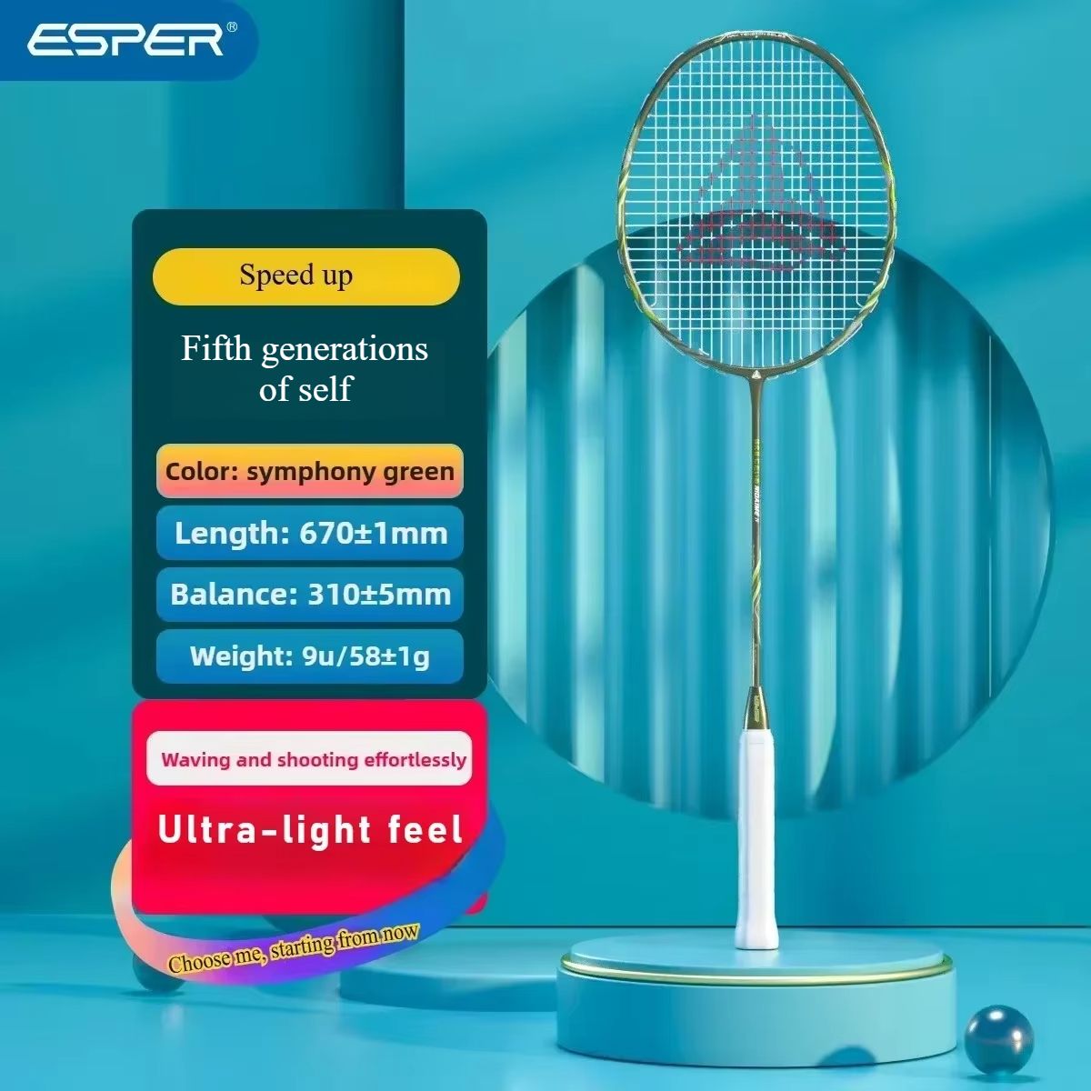 ESPER Explorer Fifth Generation Badminton Racket 58g 9U Full Carbon Fiber All-Around Fish Scale Shaft Double-Wall Inner Foaming Professional Match Training Racket(green wave) - Image 1