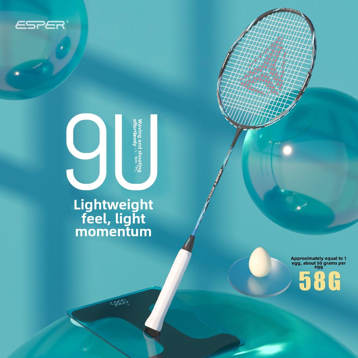 ESPER Explorer Fifth Generation Badminton Racket 58g 9U Full Carbon Fiber All-Around Fish Scale Shaft Double-Wall Inner Foaming Professional Match Training Racket(green wave) - Image 2