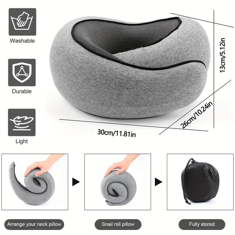 DARK GREY Snail Airplane Neck Pillow – Travel pillow with soft supportive design, ideal for sleep, cars, trains, the office, and home use. Includes a washable pillowcase and portable cervical support pad with storage bag. - Image 4