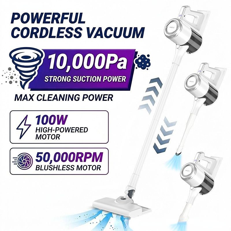 4-in-1 cordless vacuum cleaner, 50000RPM motor, 10000Pa suction, 180° rotating brush head, dual speed settings, lightweight and convenient./white - Image 1