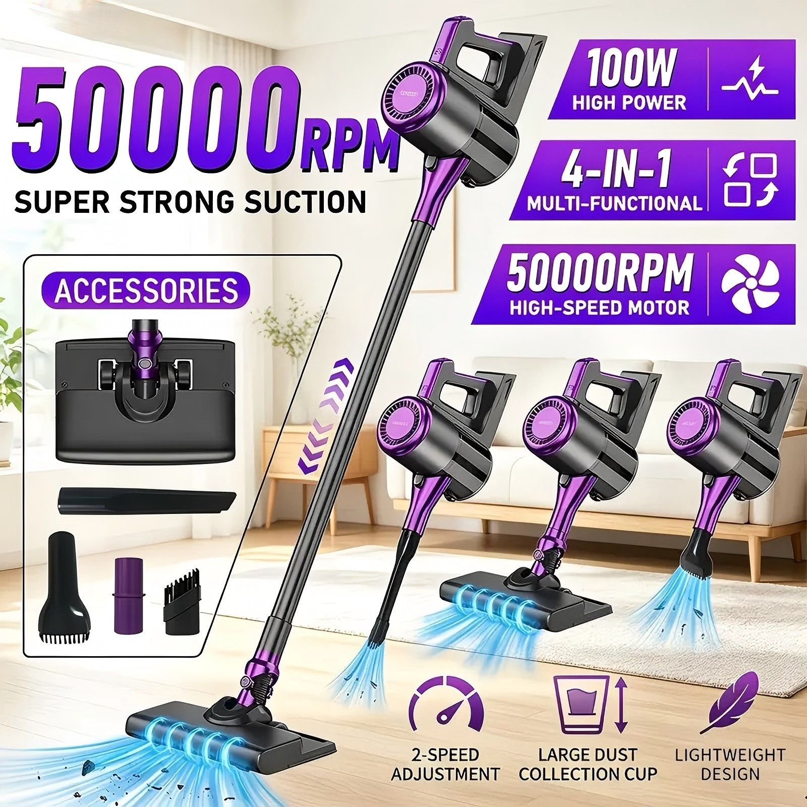 4-in-1 cordless vacuum cleaner, 50000RPM motor, 10000Pa suction, 180° rotating brush head, dual speed settings, lightweight and convenient./purple - Image 1