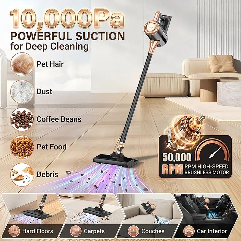 4-in-1 cordless vacuum cleaner, 50000RPM motor, 10000Pa suction, 180° rotating brush head, dual speed settings, lightweight and convenient./purple - Image 2