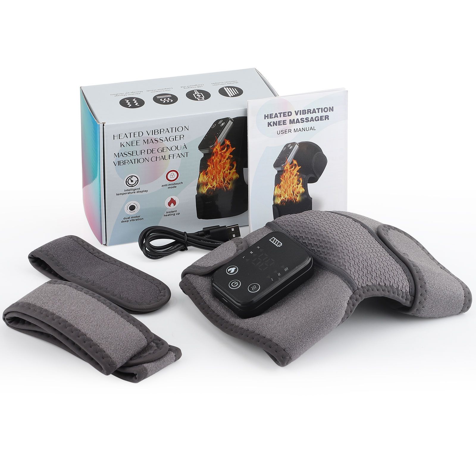 Heated Knee Massager with Heat Therapy – 3 Temp Levels, Vibration Massage, Rechargeable & Adjustable Straps(GREY) - Image 1