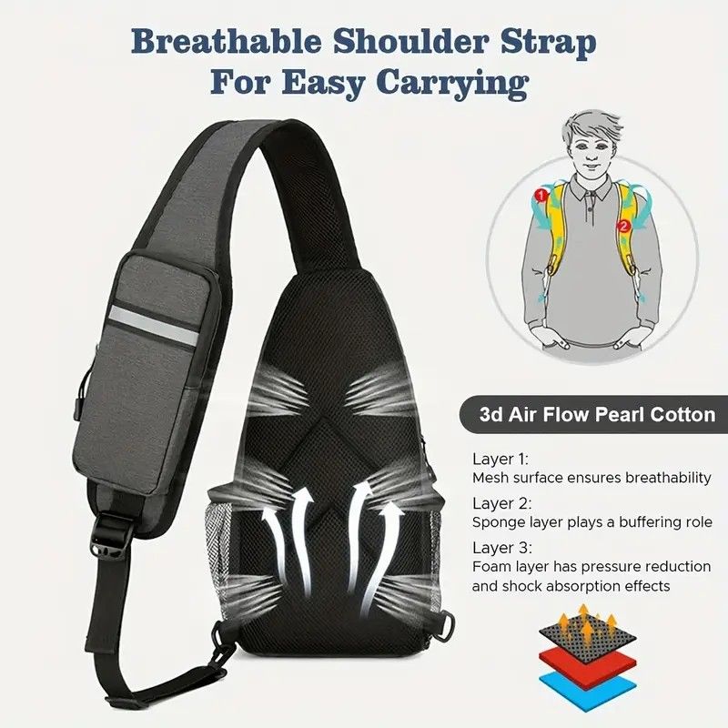 New Men's Chest Bag Lightweight Oxford Crossbody, Water-Resistant Durable Anti-Burden Shoulder Pack, Minimalist Casual Commute Cycling Sports Sling Bag（Dark grey） - Image 5