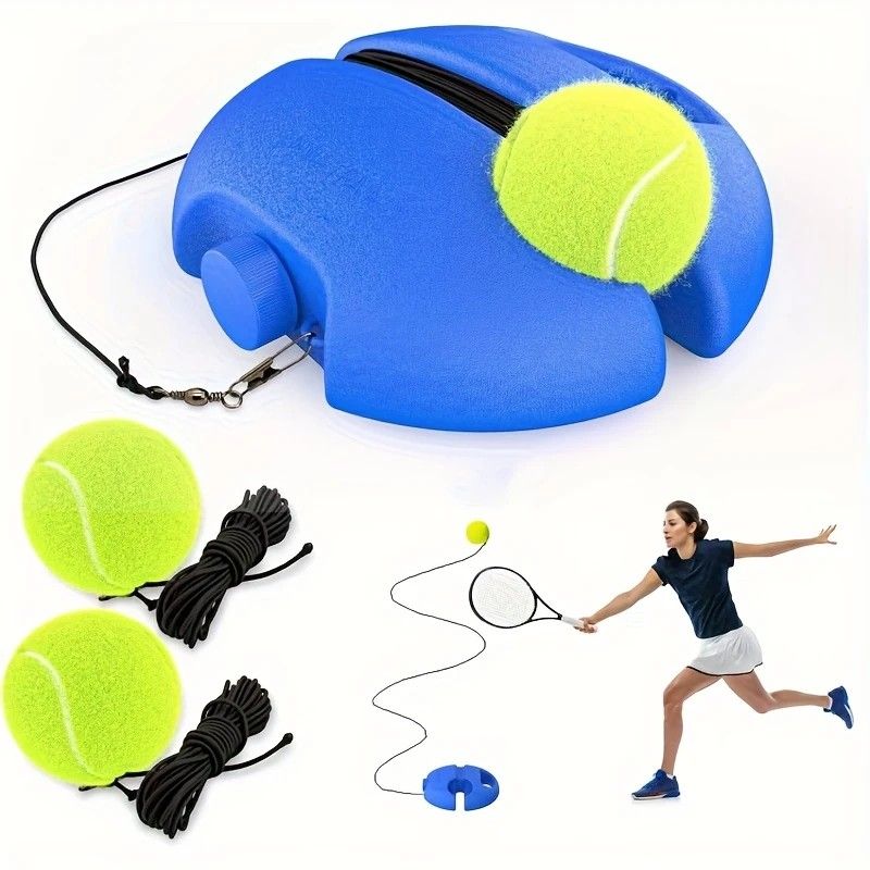 Portable Tennis Trainer: Features a water-fillable weighted base with anti-tangle design. Includes 3 tennis balls and an elastic cord. Suitable for solo indoor/outdoor use, ideal for all ages.blue - Image 1