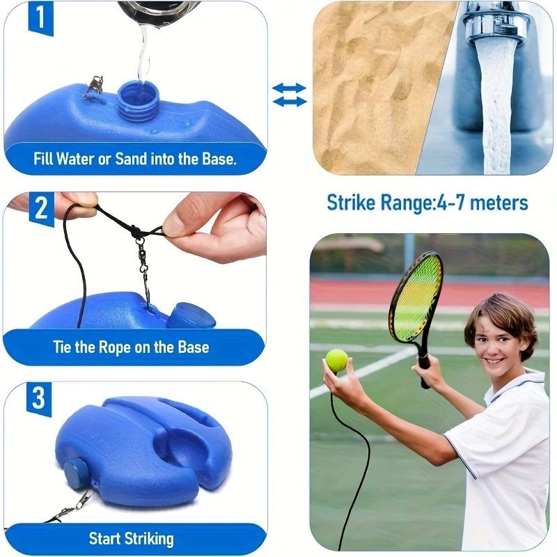Portable Tennis Trainer: Features a water-fillable weighted base with anti-tangle design. Includes 3 tennis balls and an elastic cord. Suitable for solo indoor/outdoor use, ideal for all ages.blue - Image 3