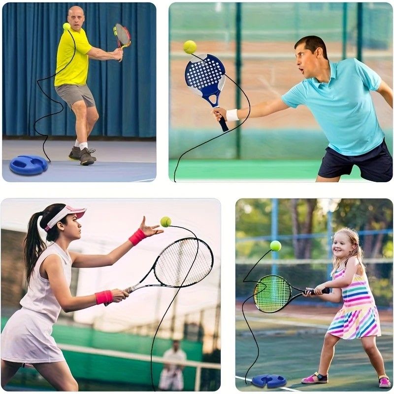 Portable Tennis Trainer: Features a water-fillable weighted base with anti-tangle design. Includes 3 tennis balls and an elastic cord. Suitable for solo indoor/outdoor use, ideal for all ages.blue - Image 4