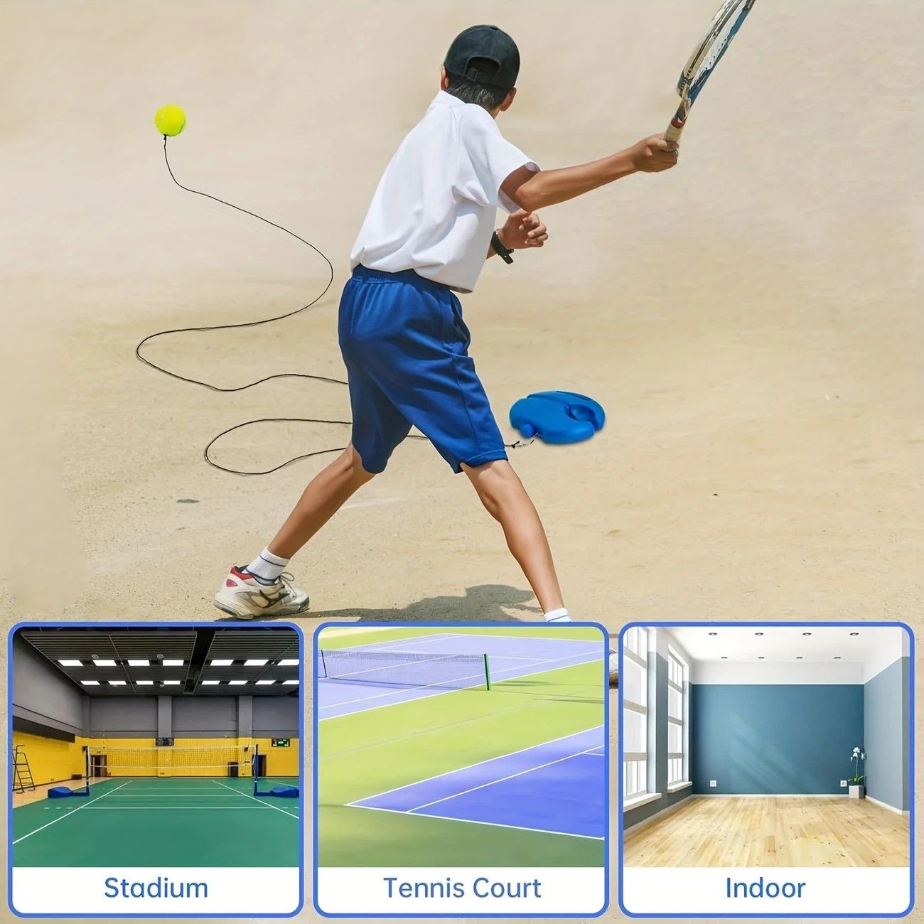 Portable Tennis Trainer: Features a water-fillable weighted base with anti-tangle design. Includes 3 tennis balls and an elastic cord. Suitable for solo indoor/outdoor use, ideal for all ages.blue - Image 5