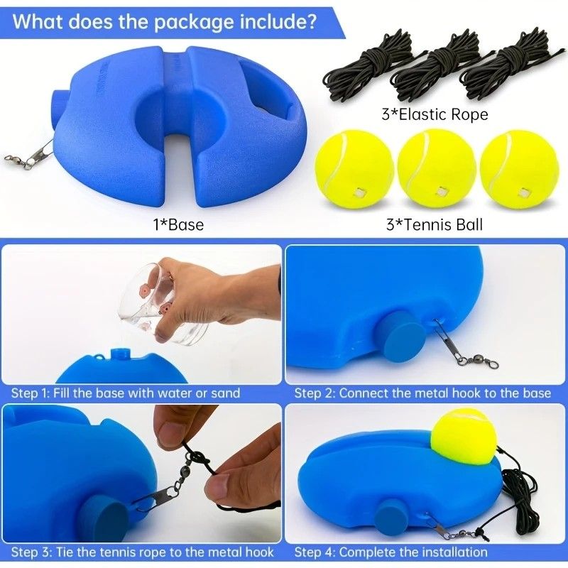 Portable Tennis Trainer: Features a water-fillable weighted base with anti-tangle design. Includes 3 tennis balls and an elastic cord. Suitable for solo indoor/outdoor use, ideal for all ages.blue - Image 7