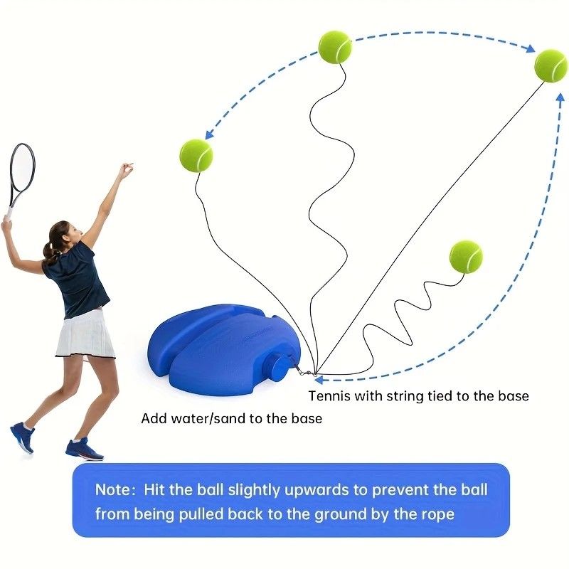 Portable Tennis Trainer: Features a water-fillable weighted base with anti-tangle design. Includes 3 tennis balls and an elastic cord. Suitable for solo indoor/outdoor use, ideal for all ages.blue - Image 8