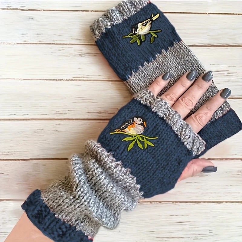Color-Block Bird Embroidered Fingerless Knit Gloves – Warm, Flexible, Perfect for Daily Autumn/Winter Use, 8.5×22cm Stylish Practical Commute Hand-Warming Essential(black) - Image 6