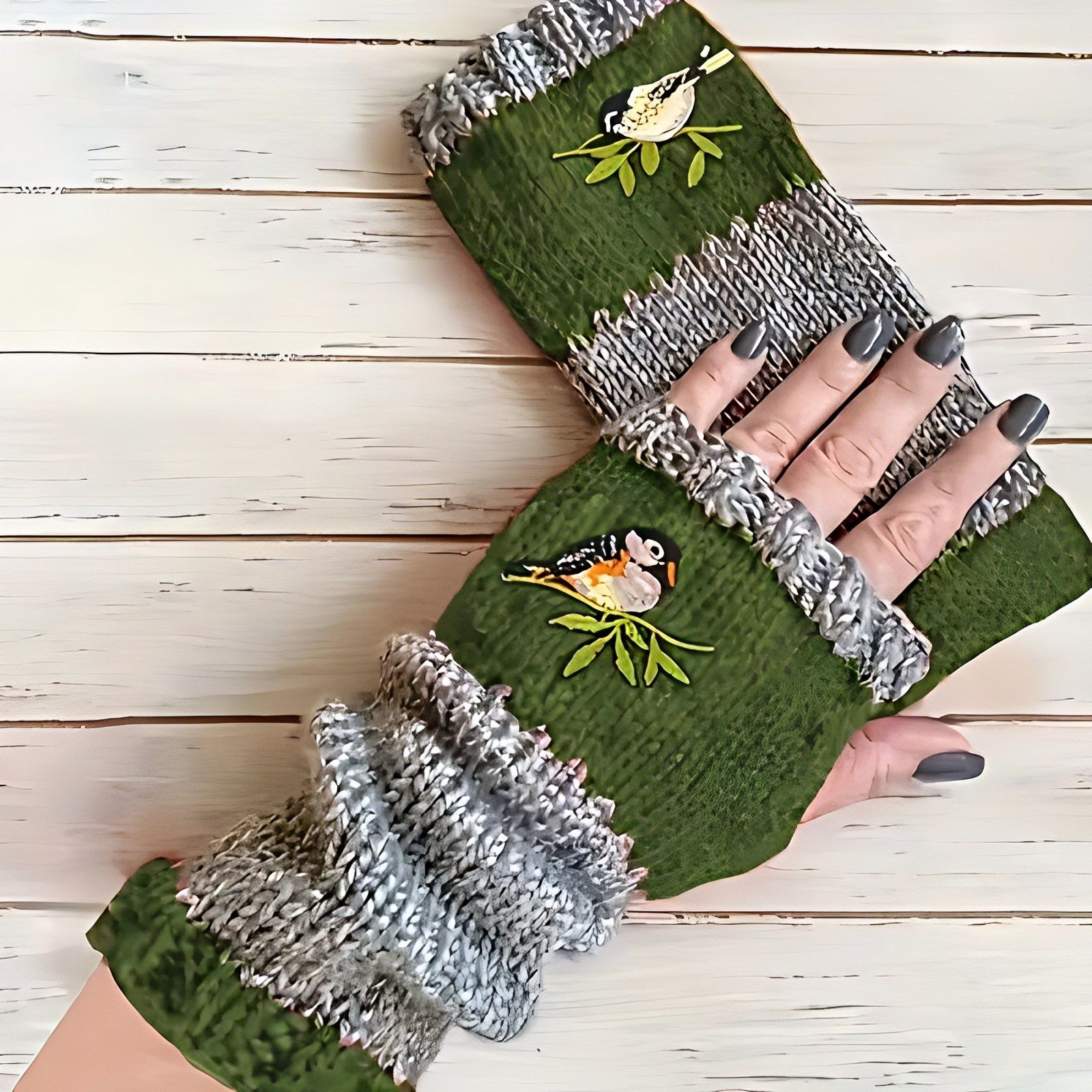 Color-Block Bird Embroidered Fingerless Knit Gloves – Warm, Flexible, Perfect for Daily Autumn/Winter Use, 8.5×22cm Stylish Practical Commute Hand-Warming Essential(GREEN) - Image 1