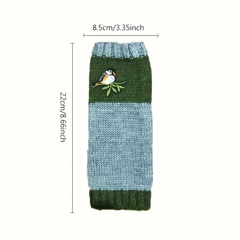 Color-Block Bird Embroidered Fingerless Knit Gloves – Warm, Flexible, Perfect for Daily Autumn/Winter Use, 8.5×22cm Stylish Practical Commute Hand-Warming Essential(GREEN) - Image 2